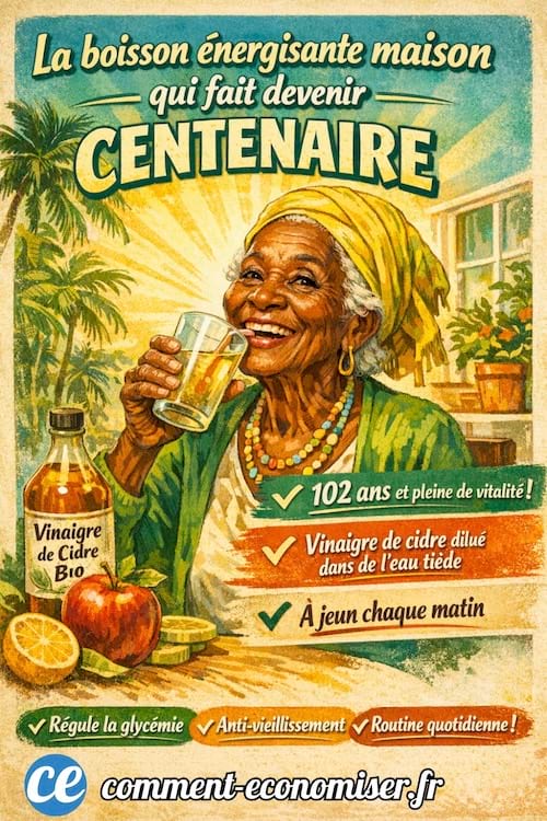 Une image qui explique qu'une boisson permet de devenir centenaire