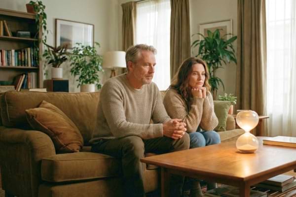 a modern couple sitting on a sofa, looking thoughtful