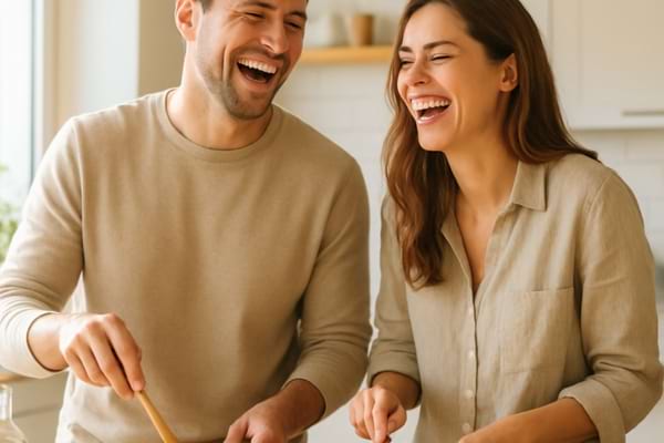 A happy couple of the exact same age (around 30 years old), laughing together while cooking in a kitchen