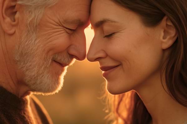 a couple with a visible age difference, forehead against forehead, smiling peacefully with eyes closed.