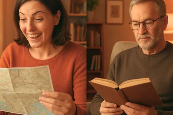 On the left, a woman 40 years old looking at a travel map with excitement. On the right, an older man relaxing with a book and tea.
