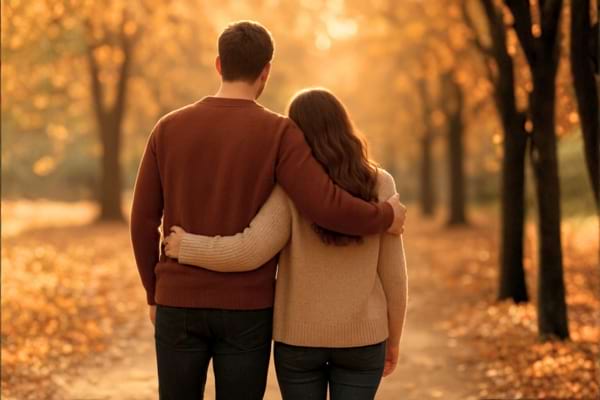 un couple de dos marchant dans un parc en automne