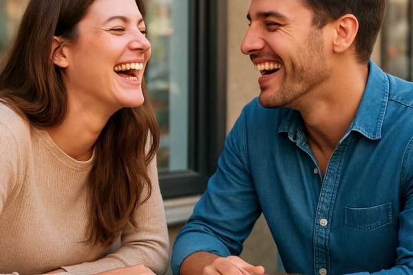 un couple assis &agrave; une table de caf&eacute;, riant aux &eacute;clats. Ils sont assis face &agrave; face,