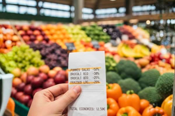 une main tenant un ticket de caisse de supermarch&eacute; avec un arri&egrave;re-plan flou de rayons de fruits et l&eacute;gumes color&eacute;s
