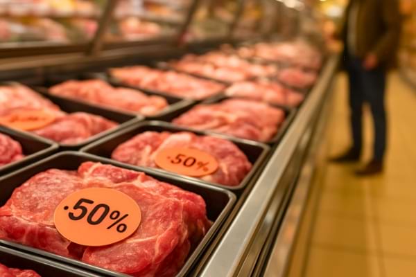 un rayon boucherie moderne style march&eacute; (type Grand Frais). Focus sur des barquettes de viande rouge