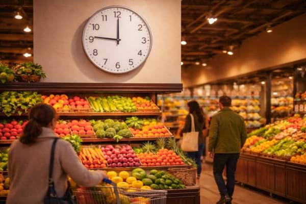 une horloge murale moderne affichant 18h00, accroch&eacute;e au-dessus d'un rayon de fruits et l&eacute;gumes bien garni