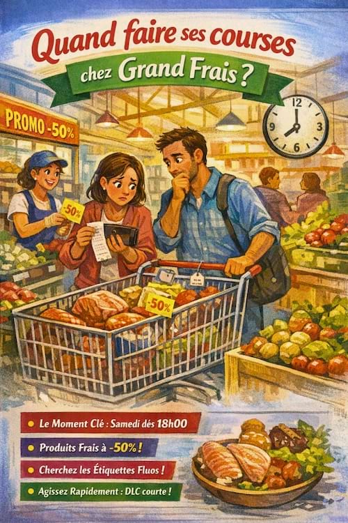 Une image qui explique quand faire ses courses chez Grand Frais