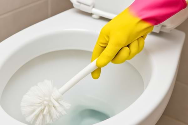 Une main gantée (gant de ménage coloré) tient une brosse de toilettes et frotte doucement le rebord intérieur