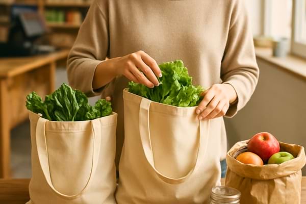 une personne rangeant tranquillement ses courses dans des sacs r&eacute;utilisables sur une table