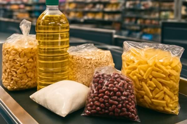 un tapis de caisse de supermarch&eacute; Lidl, montrant la zone de r&eacute;ception tr&egrave;s courte apr&egrave;s le scanner