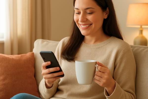 Une personne sereine assise dans son canap&eacute;, buvant un th&eacute;, regardant son t&eacute;l&eacute;phone avec un sourire confiant