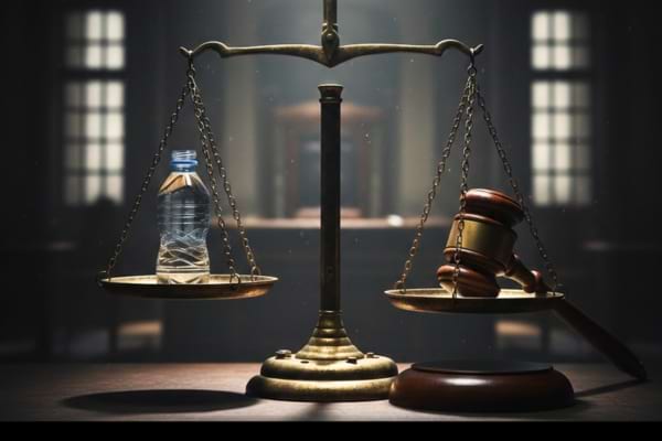 a brass scale of justice in a dimly lit courtroom