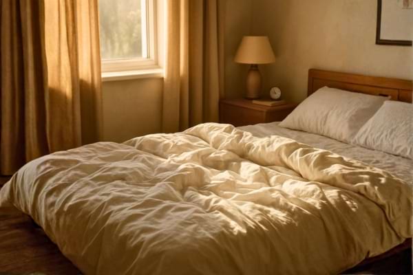 messy bedroom in the morning, soft sunlight streaming through window onto unmade bed with white crumpled duvet