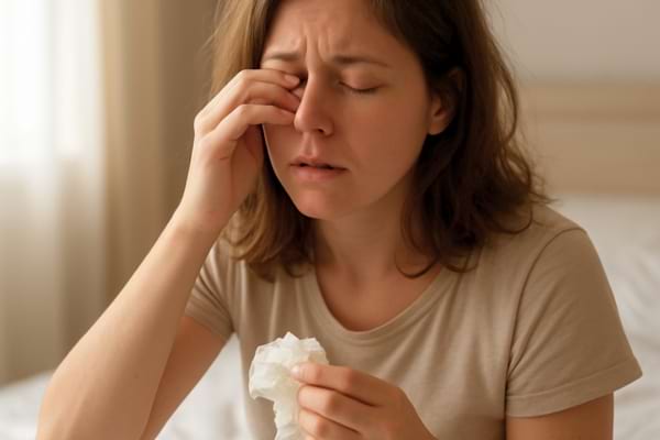 Young woman sitting in bed waking up, rubbing her eyes, tissue in hand,