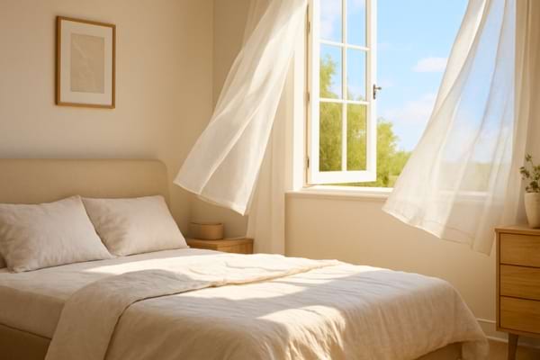 Bright bedroom interior, window wide open with curtains blowing in the wind, fresh air concept