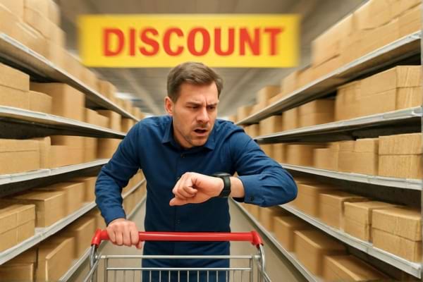 un client en train de regarder sa montre ou son t&eacute;l&eacute;phone l'air press&eacute; dans un rayon de supermarch&eacute; discount