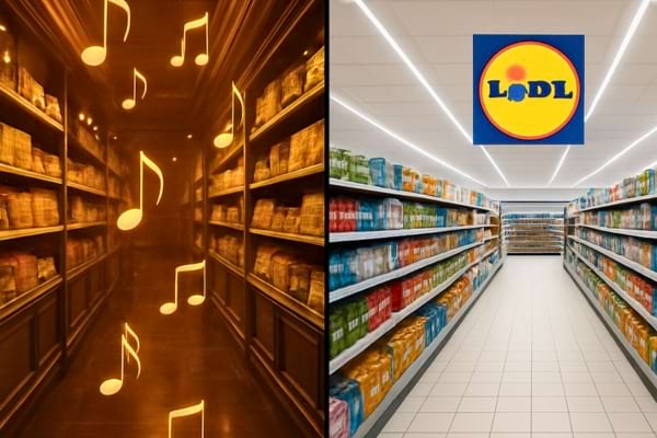 &agrave; gauche une all&eacute;e de supermarch&eacute; luxueux avec des notes de musique, &agrave; droite une all&eacute;e Lidl &eacute;pur&eacute;e