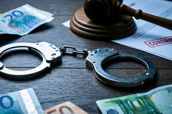 menottes en métal chromé argenté posées sur une table en bois sombre