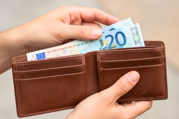 un portefeuille en cuir marron ouvert contenant des billets d'euros visibles