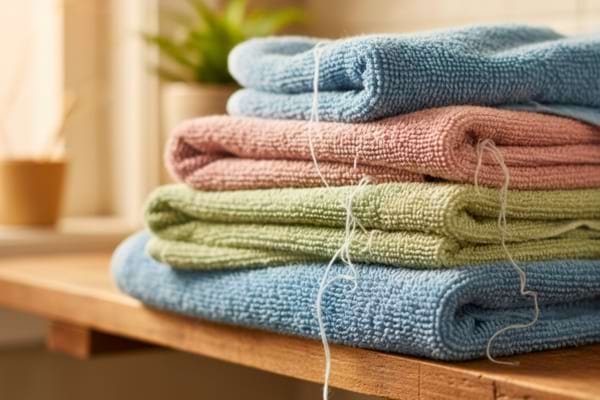 Close-up photo of worn cotton towel texture showing absorbent loops and fibers, natural lighting,