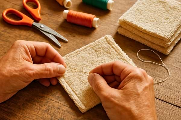 Hands sewing homemade washcloths from old towels on table with scissors and thread