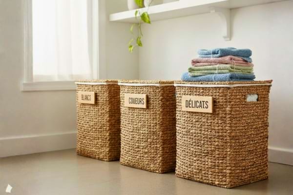 organized laundry system with three wicker baskets labeled for sorting