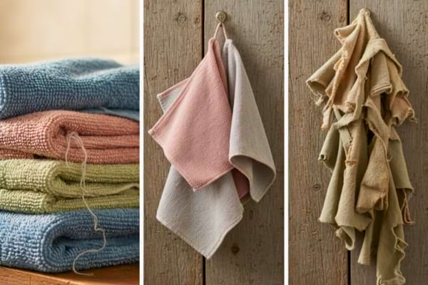 three stages displayed side by side on rustic wooden background - new towel