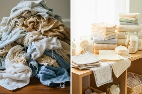 left side shows pile of old worn towels, right side shows beautiful organized collection of handmade washcloths