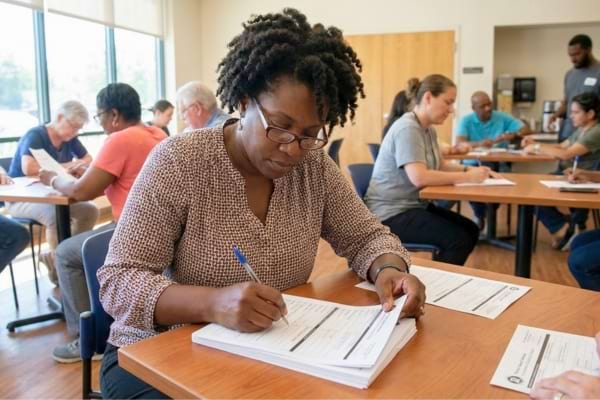 Une femme qui remplie des papiers de la CAF pour toucher le RSO