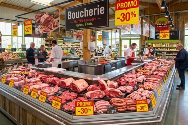 Un étalage de viande en promo dans un magasin Grand Frais