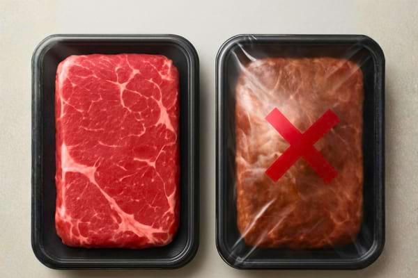 deux barquettes de viande côte à côte.Une pièce bien rouge et une pièce périmée