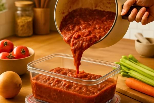 Une personne verse une sauce bolognaise fumante