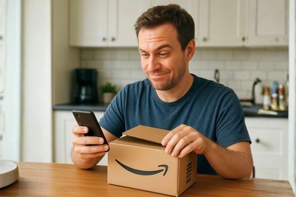un homme assis à une table de cuisine ouvrant un carton de livraison Amazon avec un sourire sournois