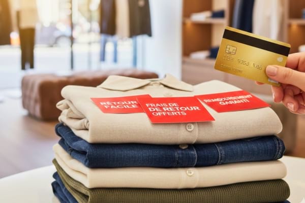 une pile de vêtements pliés avec des étiquettes de retour rouge vif posées dessus