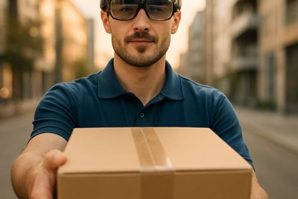 un livreur en uniforme portant des lunettes connectées futuristes, tendant un colis vers la caméra (point de vue subjectif)
