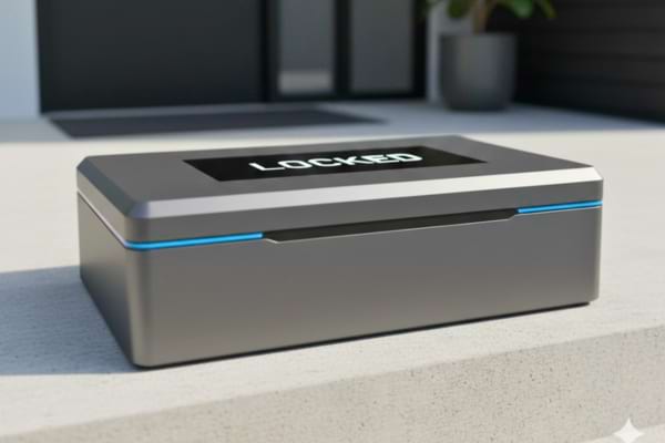 un colis futuriste rigide et réutilisable (style Living Packets), écran digital sur le dessus affichant "LOCKED"
