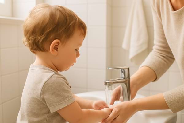un enfant en bas &acirc;ge (de dos ou de profil) qui se lave les mains au lavabo avec l'aide d'un parent