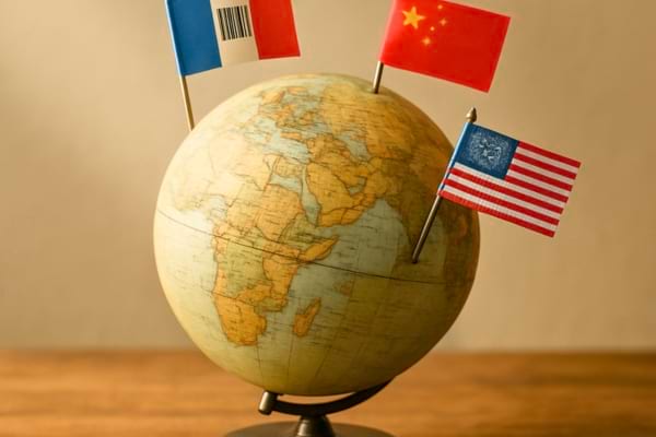 un globe terrestre stylis&eacute; pos&eacute; sur une table en bois. Des petits drapeaux de diff&eacute;rents pays