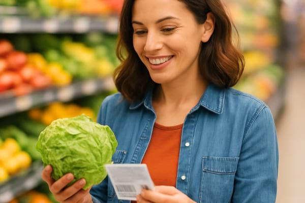 Une personne souriante dans un supermarch&eacute;, tenant un produit frais et regardant attentivement l'&eacute;tiquette