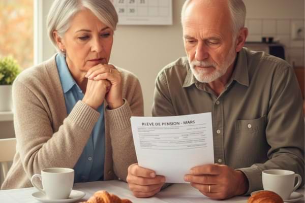 un couple de retrait&eacute;s fran&ccedil;ais assis &agrave; une table, regardant avec inqui&eacute;tude un relev&eacute; de pension