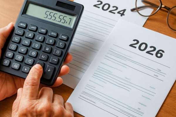 personne &acirc;g&eacute;e tenant une calculatrice et des documents administratifs avec mention '2024' et '2026'