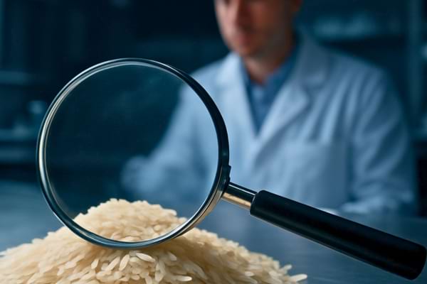 Un scientifique en blouse blanche flout&eacute; en arri&egrave;re-plan observant des grains de riz