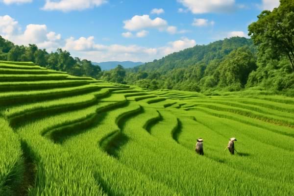 Un magnifique champ de riz verdoyant en terrasses sous un ciel bleu &eacute;clatant