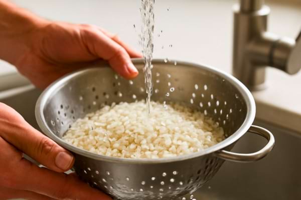 Des mains rin&ccedil;ant du riz dans une passoire en m&eacute;tal sous l'eau courante d'un &eacute;vier de cuisine moderne