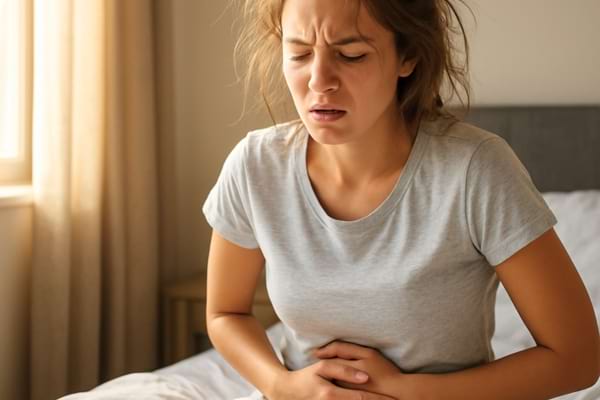 young woman waking up in bed holding her stomach
