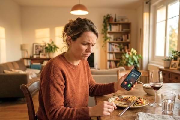 Une femme qui mange dérangée par un appel d'un démarcheur téléphonique