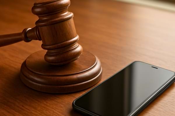 Un marteau de juge en bois massif, juste à côté d'un smartphone moderne.