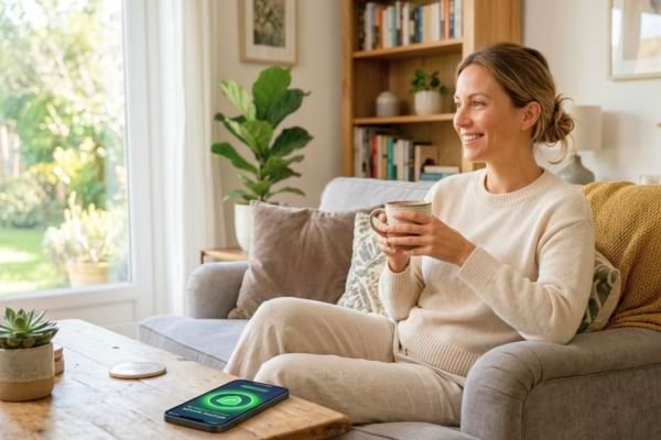 Une femme souriante et détendue buvant un café dans son salon devant son téléphone