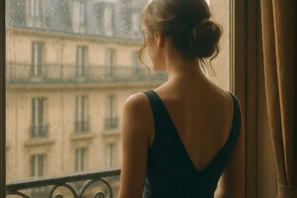 une jeune femme élégante vue de dos, regardant par la fenêtre d'un appartement parisien