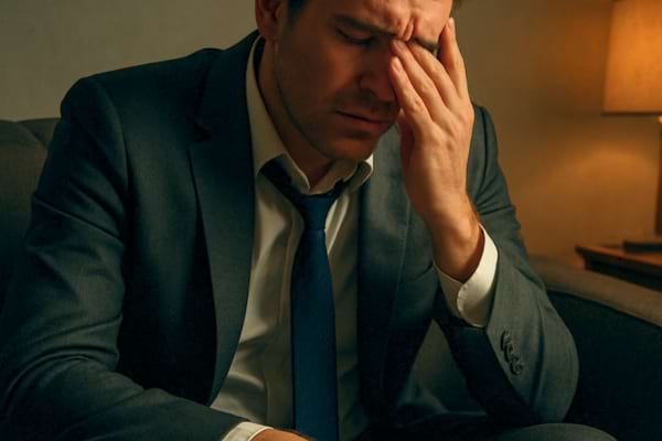 un homme en costume cravate légèrement desserrée, l'air épuisé, assis sur un canapé